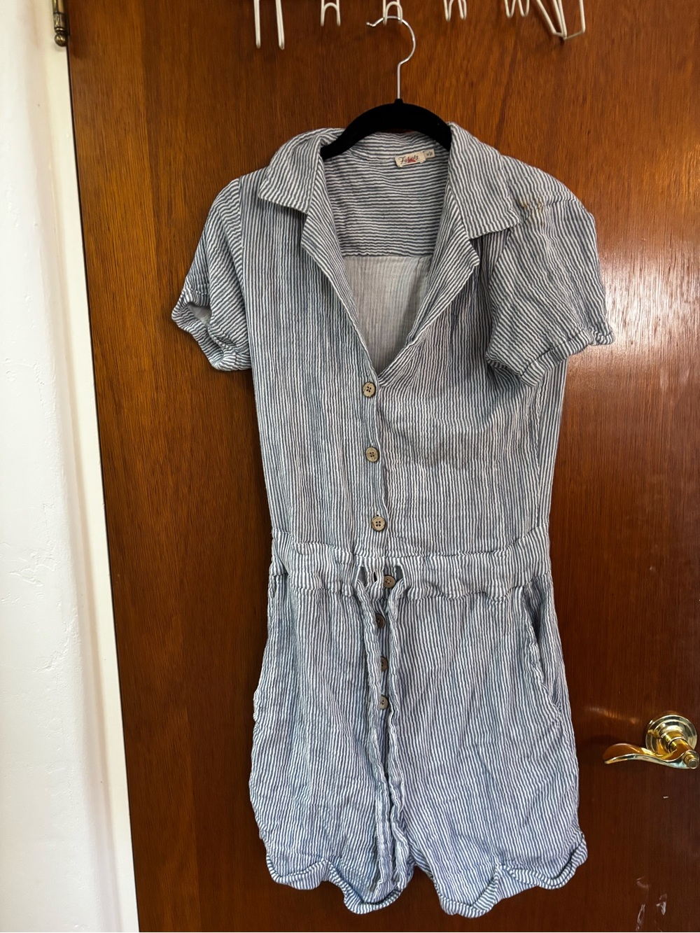 Striped Blue-White Short Sleeve Button Romper Dress